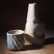 Woodfired, using iron and lava slip and shino glaze.<br>H 17cm W 8cm<br>Private collection