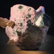 Wood and electrically fired multiple times, white and pink shino glaze and gold and platinum lustred granite inclusions.<br>H 15cm D 12cm