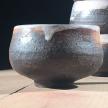 Woodfired thrown bowl, black slip and shino.<br>H 8cm W 12cm