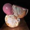 Third in a set inspired by artists whose work I admire. However this was broken and needed to be mended, I used kinsugi with a warm red gold. Glad it got broken!Wood and electrically fired multiple times, white and pink shino glaze and white kinsugi.<br>H 50cm W 48cm D 12cm
